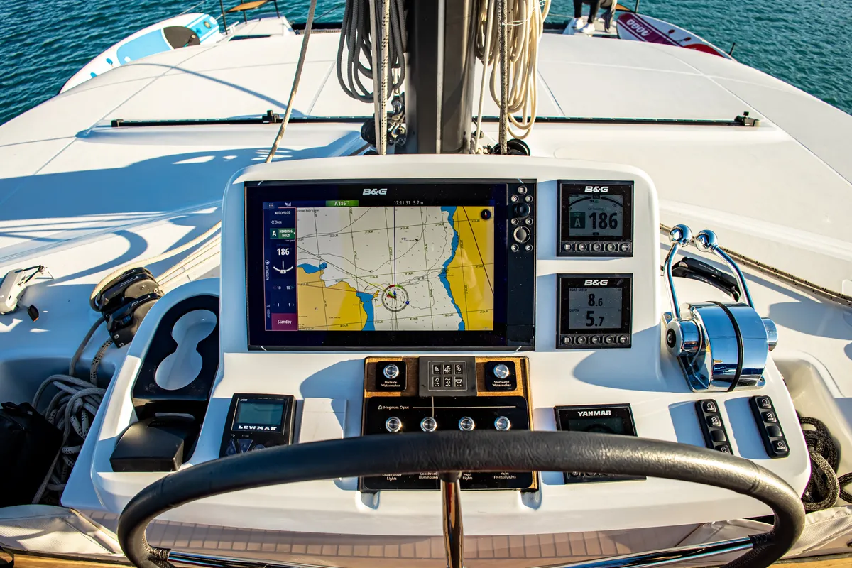 Cockpit of Magnum Opus, a Lagoon 50 catamaran at Preveza, Greece