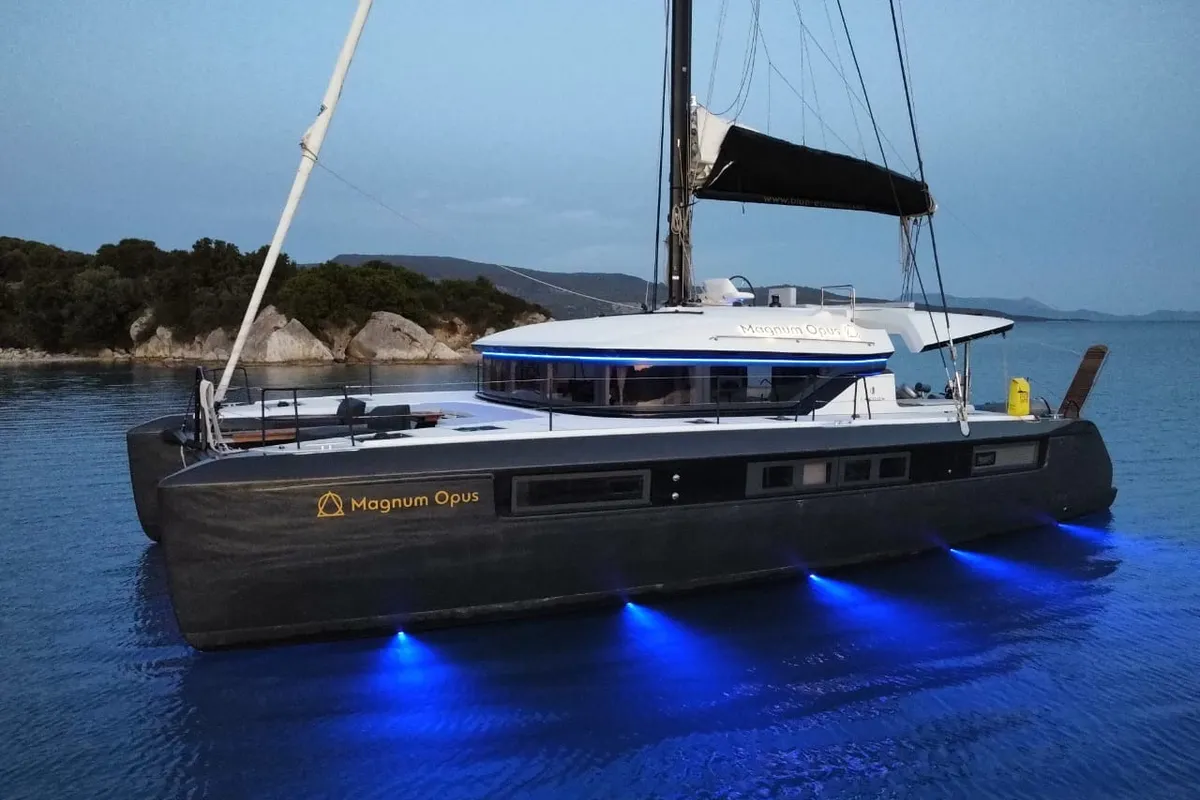 Exterior view of Magnum Opus, a Lagoon 50 catamaran at Preveza, Greece