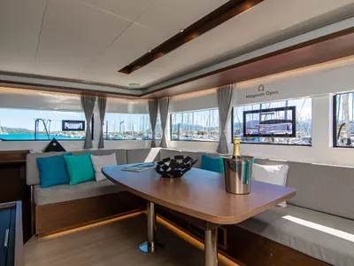 Salon of Magnum Opus, a Lagoon 50 catamaran at Preveza, Greece