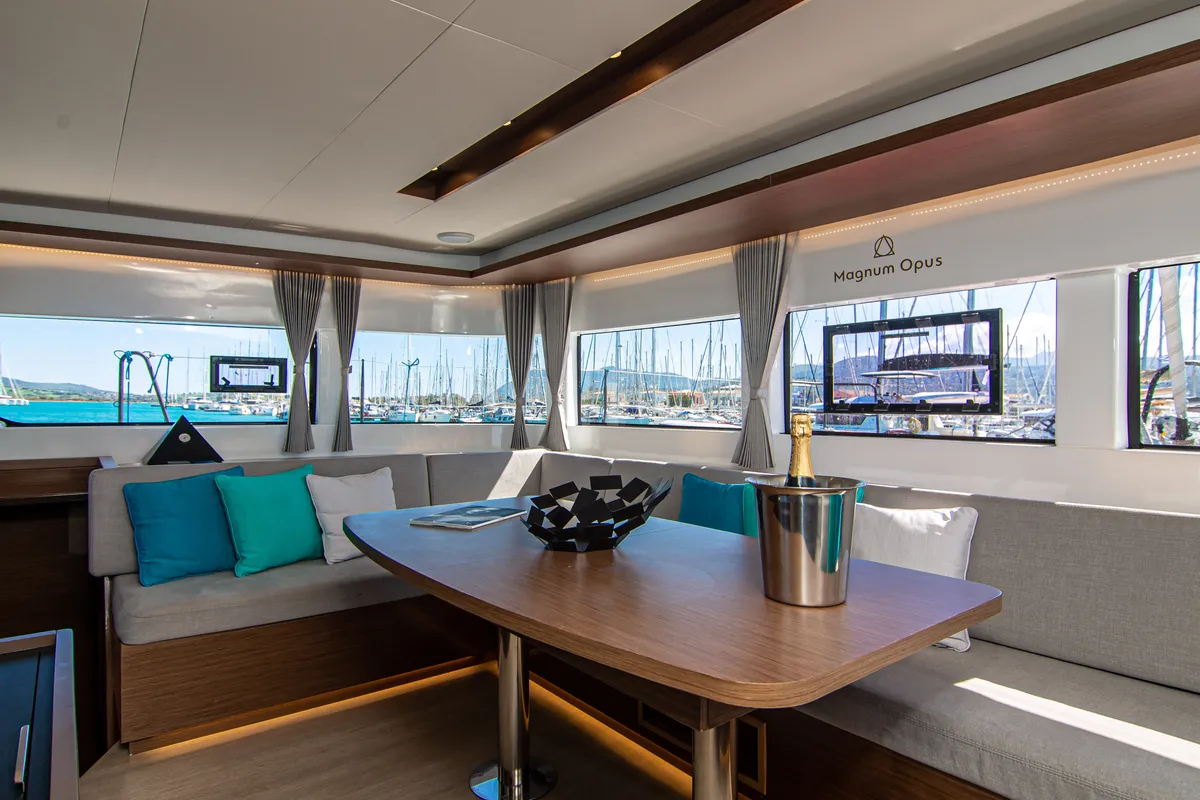 Salon of Magnum Opus, a Lagoon 50 catamaran at Preveza, Greece