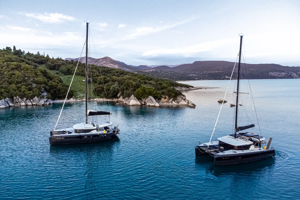 Exterior view of Magnum Opus, a Lagoon 50 catamaran at Preveza, Greece