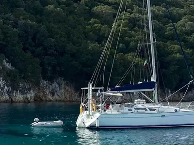 Exterior view of Steropi, a Jeanneau Sun Odyssey 35 sailboat at Kontokali, Greece