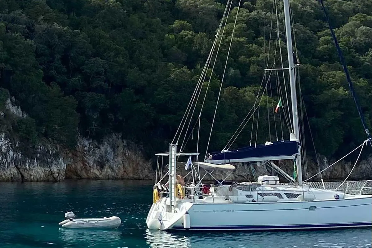 Exterior view of Steropi, a Jeanneau Sun Odyssey 35 sailboat at Kontokali, Greece