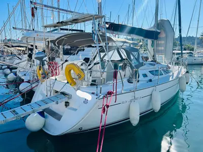 Exterior view of Steropi, a Jeanneau Sun Odyssey 35 sailboat at Kontokali, Greece