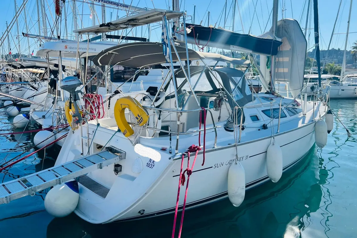 Exterior view of Steropi, a Jeanneau Sun Odyssey 35 sailboat at Kontokali, Greece