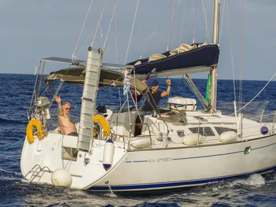 Exterior view of Steropi, a Jeanneau Sun Odyssey 35 sailboat at Kontokali, Greece