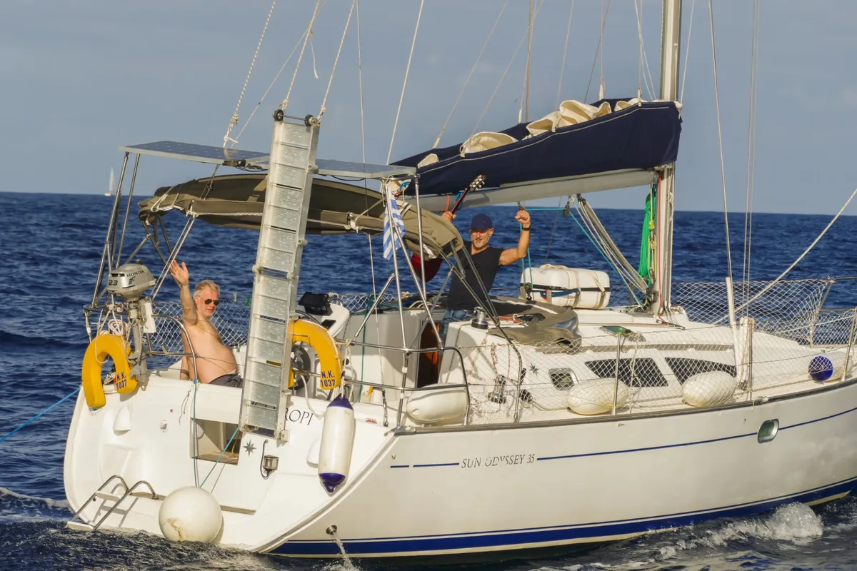 Exterior view of Steropi, a Jeanneau Sun Odyssey 35 sailboat at Kontokali, Greece