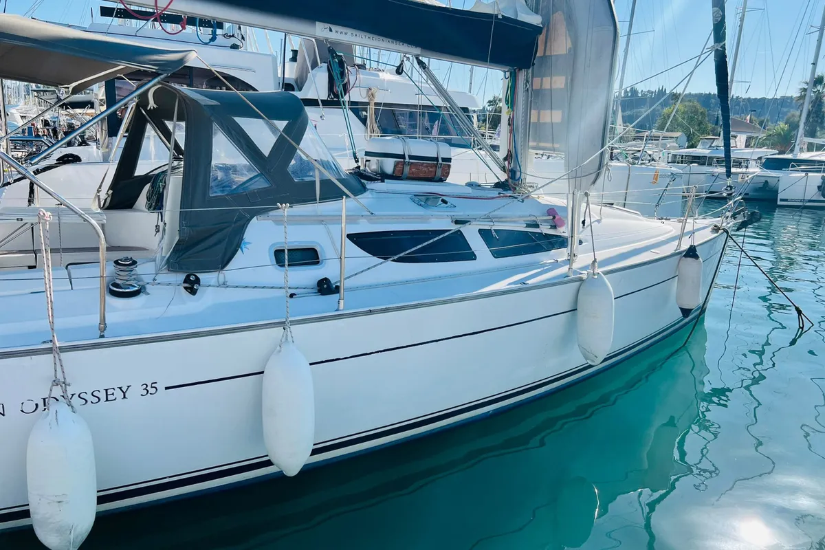Exterior view of Steropi, a Jeanneau Sun Odyssey 35 sailboat at Kontokali, Greece