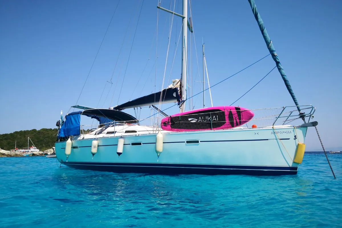 Exterior view of Andromeda, a Beneteau Oceanis 393 sailboat at Municipal Unit of Lefkada, Greece