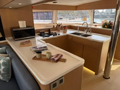 Galley of Infinity, a Bali 5.2 catamaran at Olbia, Italy