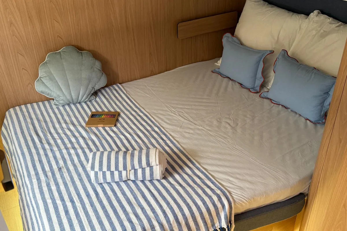 Cabin on Infinity, a Bali 5.2 catamaran at Olbia, Italy