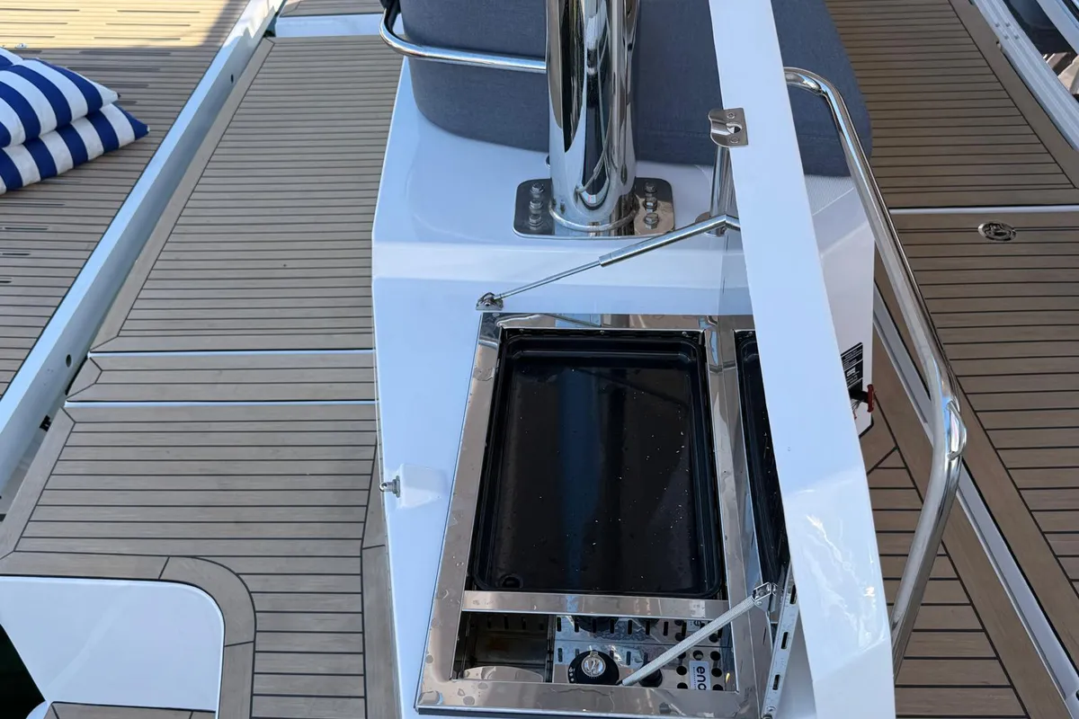 Deck of Infinity, a Bali 5.2 catamaran at Olbia, Italy