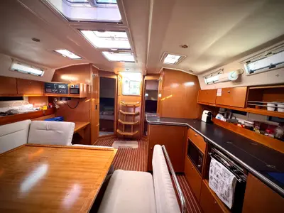 Salon of Shoogle, a Bavaria Cruiser 45 sailboat at Fethiye, Turkey