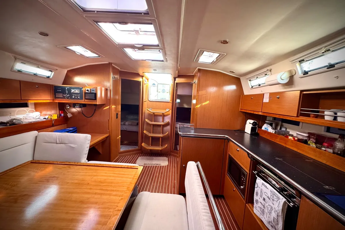Salon of Shoogle, a Bavaria Cruiser 45 sailboat at Fethiye, Turkey