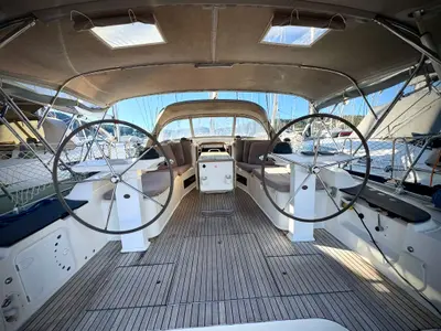 Cockpit of Shoogle, a Bavaria Cruiser 45 sailboat at Fethiye, Turkey