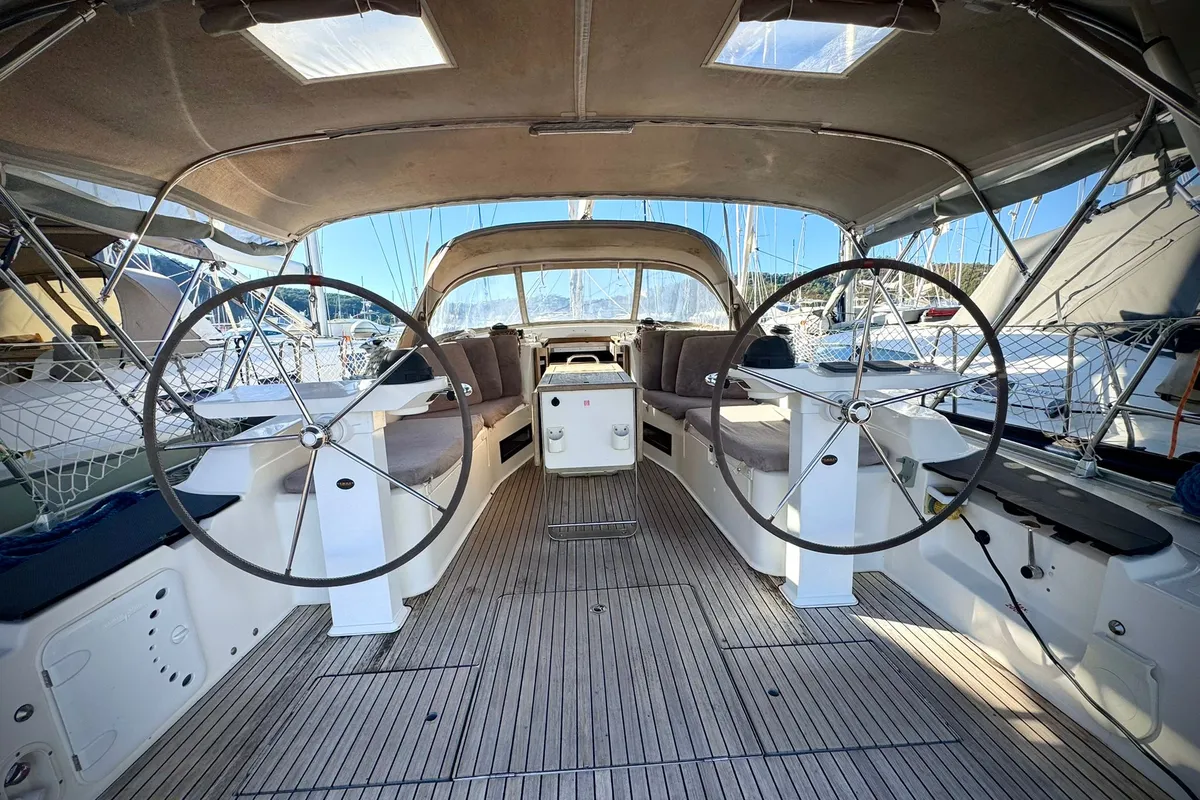 Cockpit of Shoogle, a Bavaria Cruiser 45 sailboat at Fethiye, Turkey