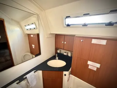 Deck of Shoogle, a Bavaria Cruiser 45 sailboat at Fethiye, Turkey