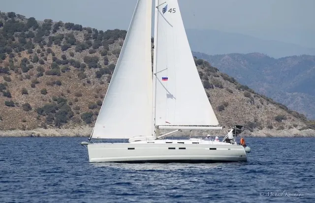 Exterior view of Shoogle, a Bavaria Cruiser 45 sailboat at Fethiye, Turkey
