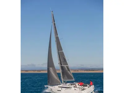 Exterior view of Orion, a Jeanneau Sun Odyssey 380 sailboat at Municipal Unit of Rhodes, Greece