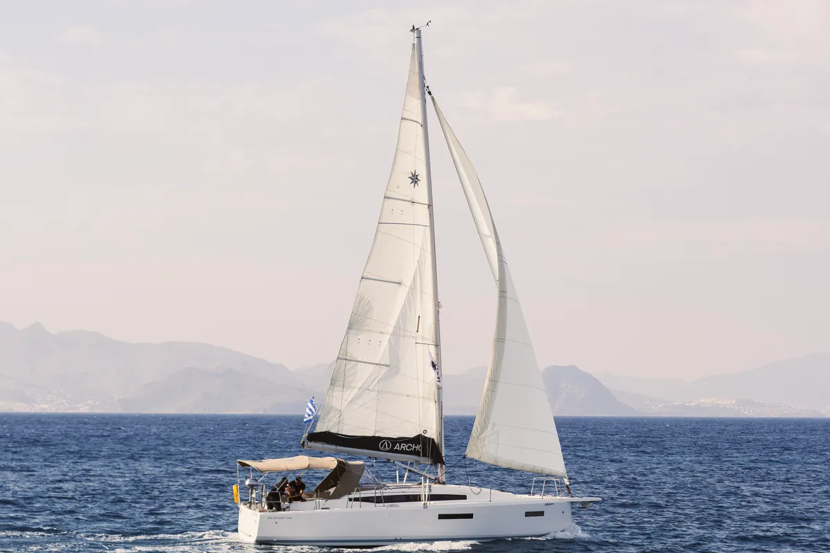 Exterior view of Orion, a Jeanneau Sun Odyssey 380 sailboat at Municipal Unit of Rhodes, Greece