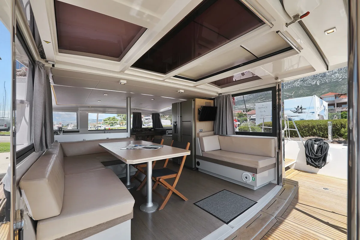 Salon of Summer Loft, a Bali 4.3 catamaran at Grad Biograd na Moru, Croatia