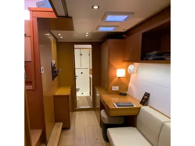 Salon of QUICOM, a Lagoon 450 Fly catamaran at Sant Antoni de Portmany, Spain