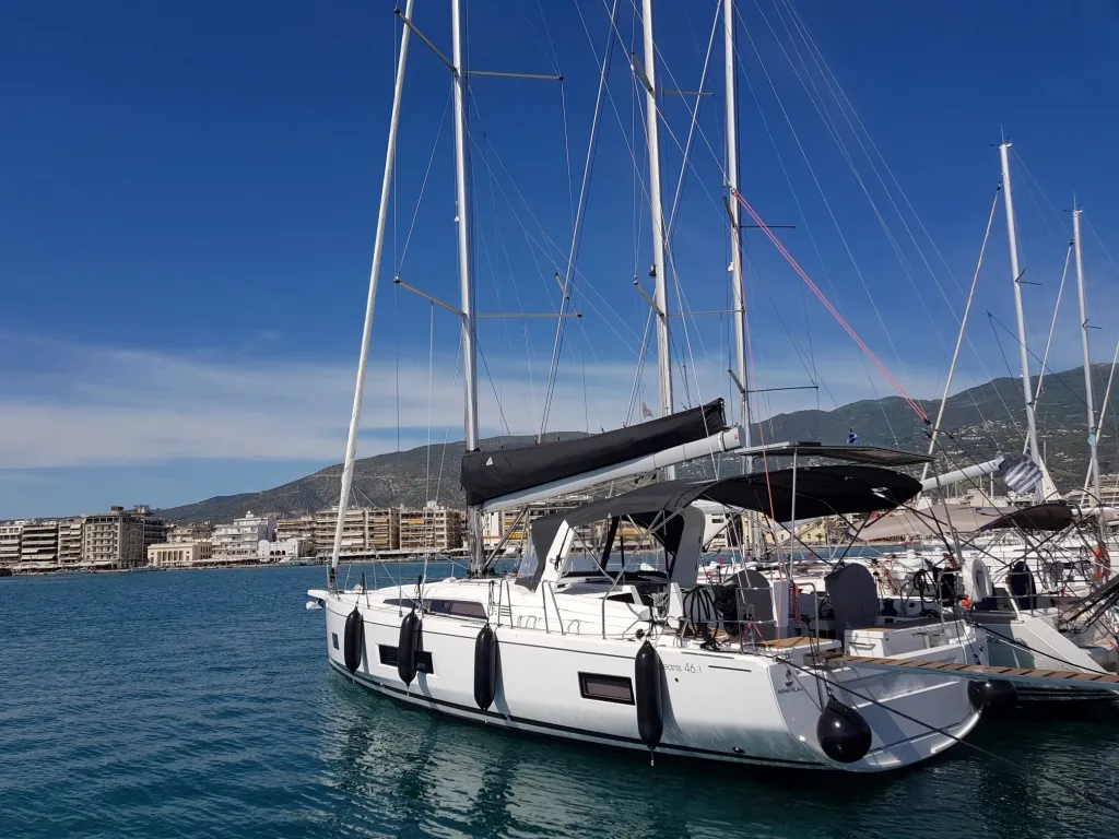 Exterior view of Anemos, a Beneteau Oceanis 46.1 sailboat at Volos, Greece