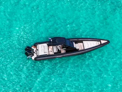 Exterior view of SEADUCTION, a Technohull 38 Grand Sport motorboat at Mykonos, Greece