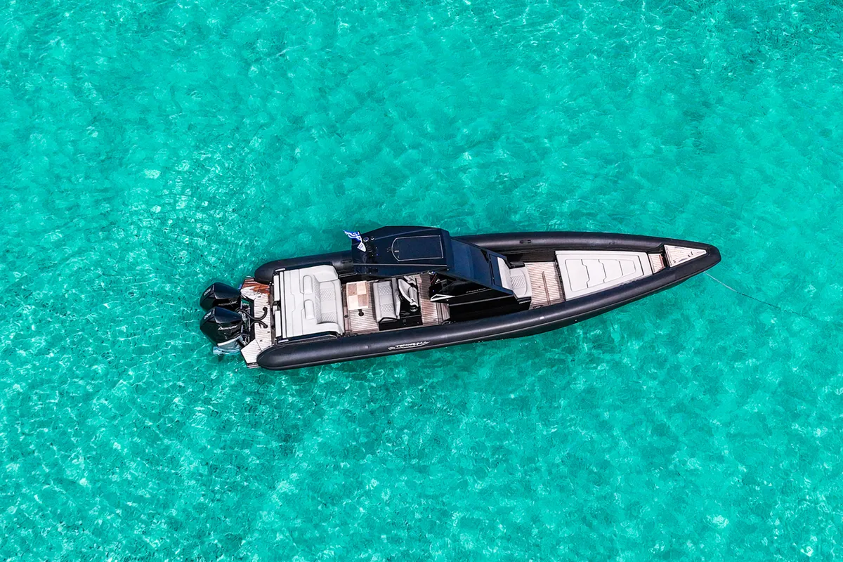 Exterior view of SEADUCTION, a Technohull 38 Grand Sport motorboat at Mykonos, Greece