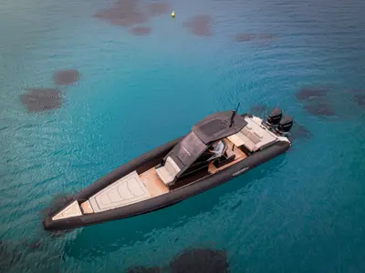 Exterior view of SEADUCTION, a Technohull 38 Grand Sport motorboat at Mykonos, Greece