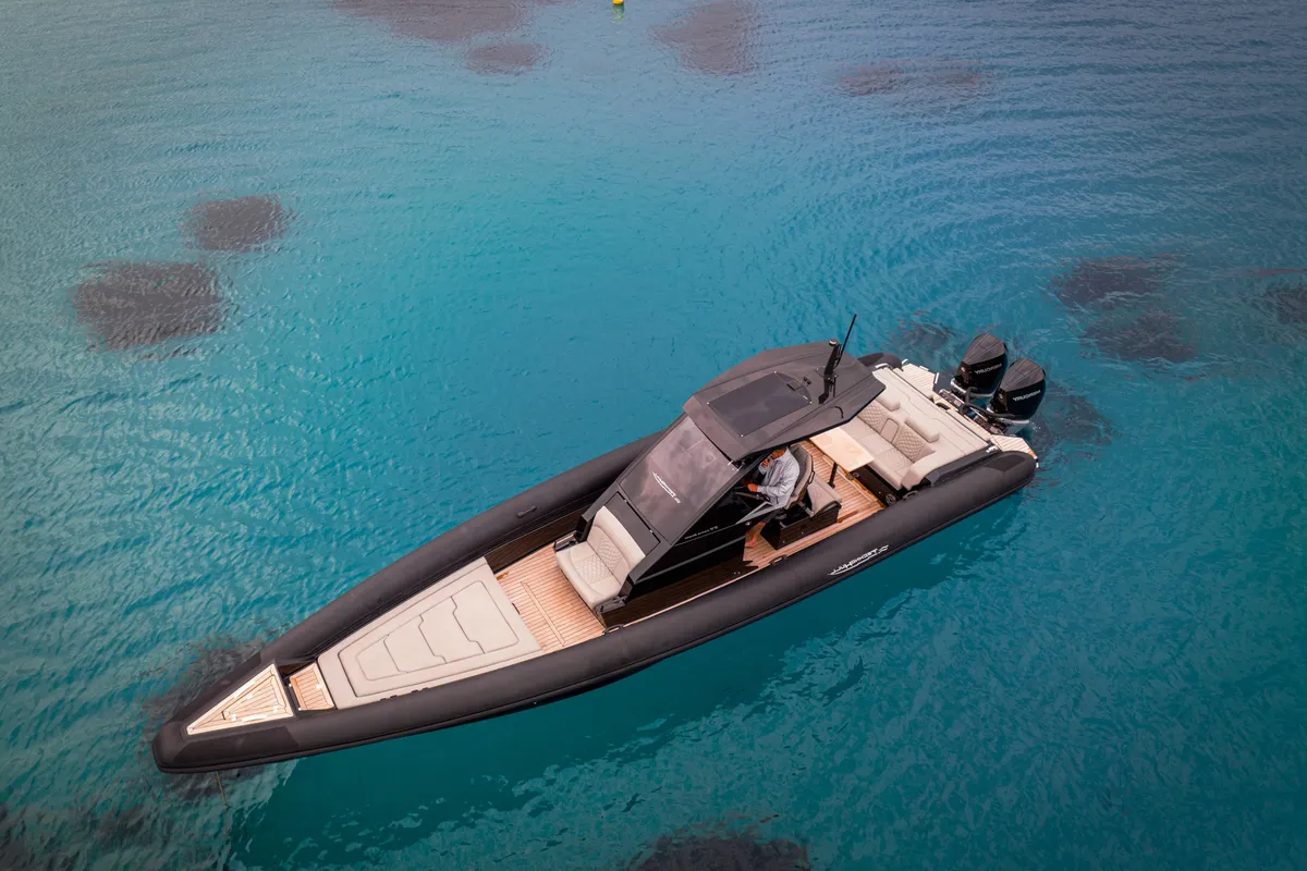 Exterior view of SEADUCTION, a Technohull 38 Grand Sport motorboat at Mykonos, Greece