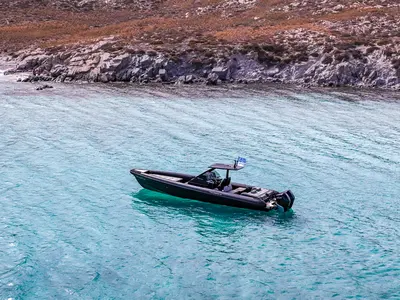 Exterior view of SEADUCTION, a Technohull 38 Grand Sport motorboat at Mykonos, Greece