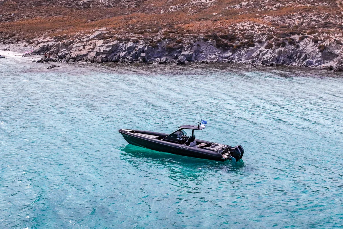 Exterior view of SEADUCTION, a Technohull 38 Grand Sport motorboat at Mykonos, Greece