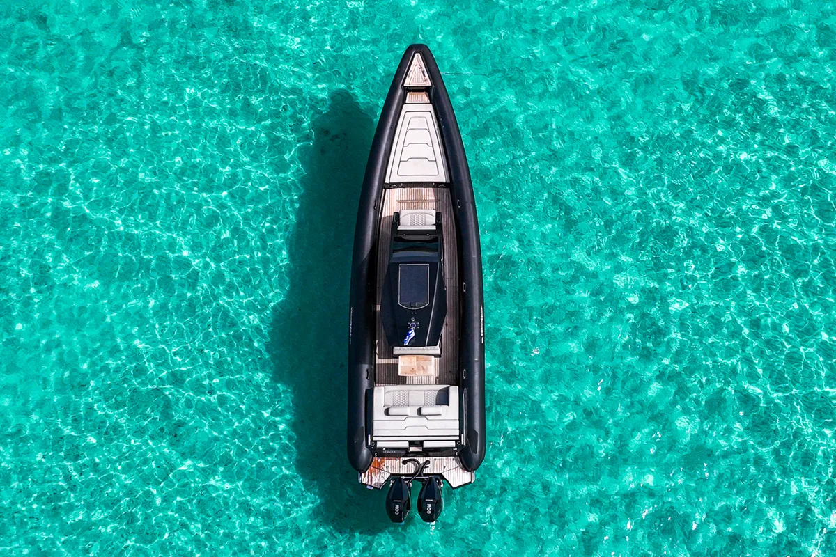 Exterior view of SEADUCTION, a Technohull 38 Grand Sport motorboat at Mykonos, Greece