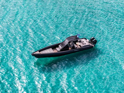 Exterior view of SEADUCTION, a Technohull 38 Grand Sport motorboat at Mykonos, Greece
