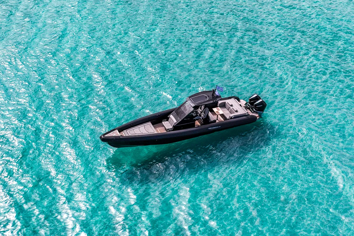 Exterior view of SEADUCTION, a Technohull 38 Grand Sport motorboat at Mykonos, Greece
