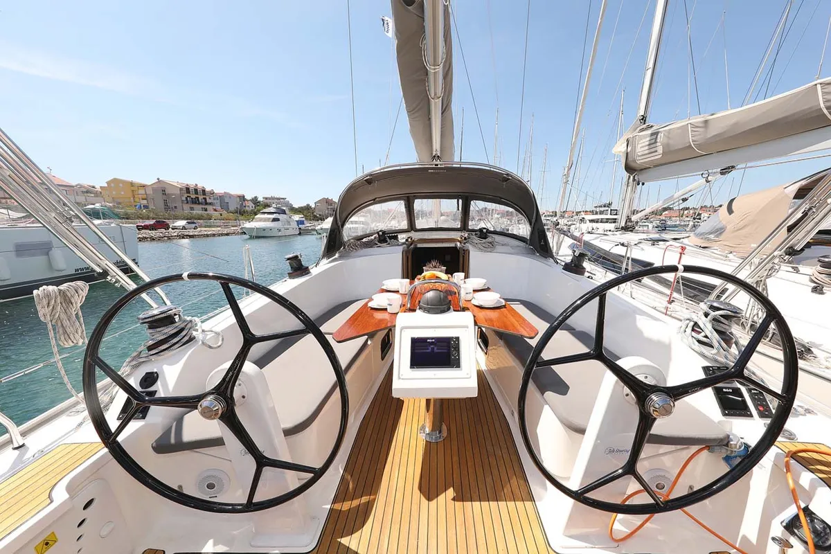 Cockpit of Madrugada, a Bavaria Cruiser 41 Style sailboat at Jezera, Croatia