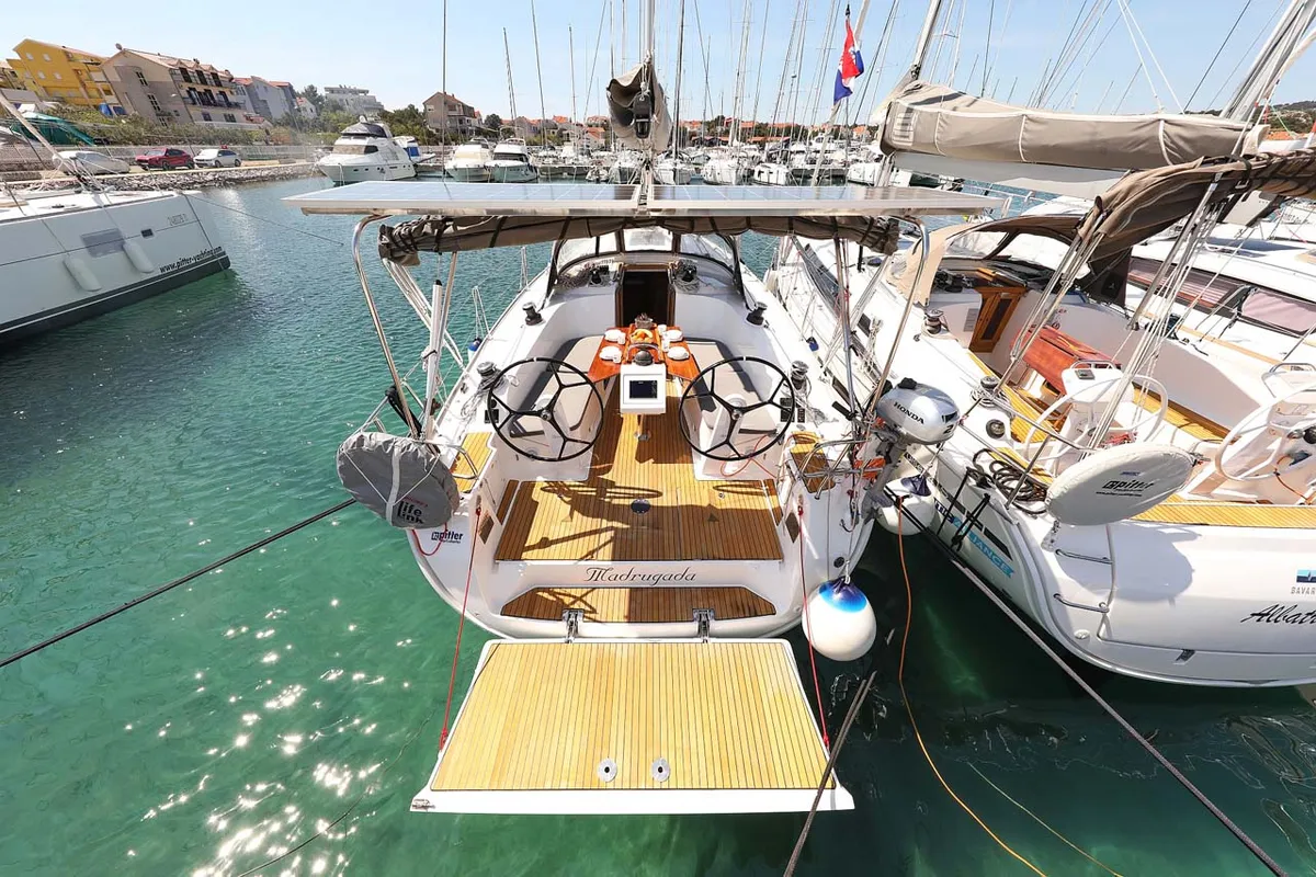 Exterior view of Madrugada, a Bavaria Cruiser 41 Style sailboat at Jezera, Croatia