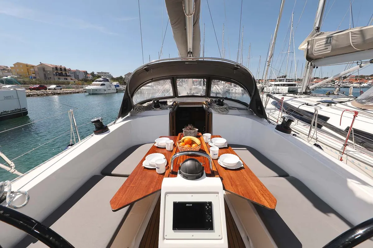 Cockpit of Madrugada, a Bavaria Cruiser 41 Style sailboat at Jezera, Croatia