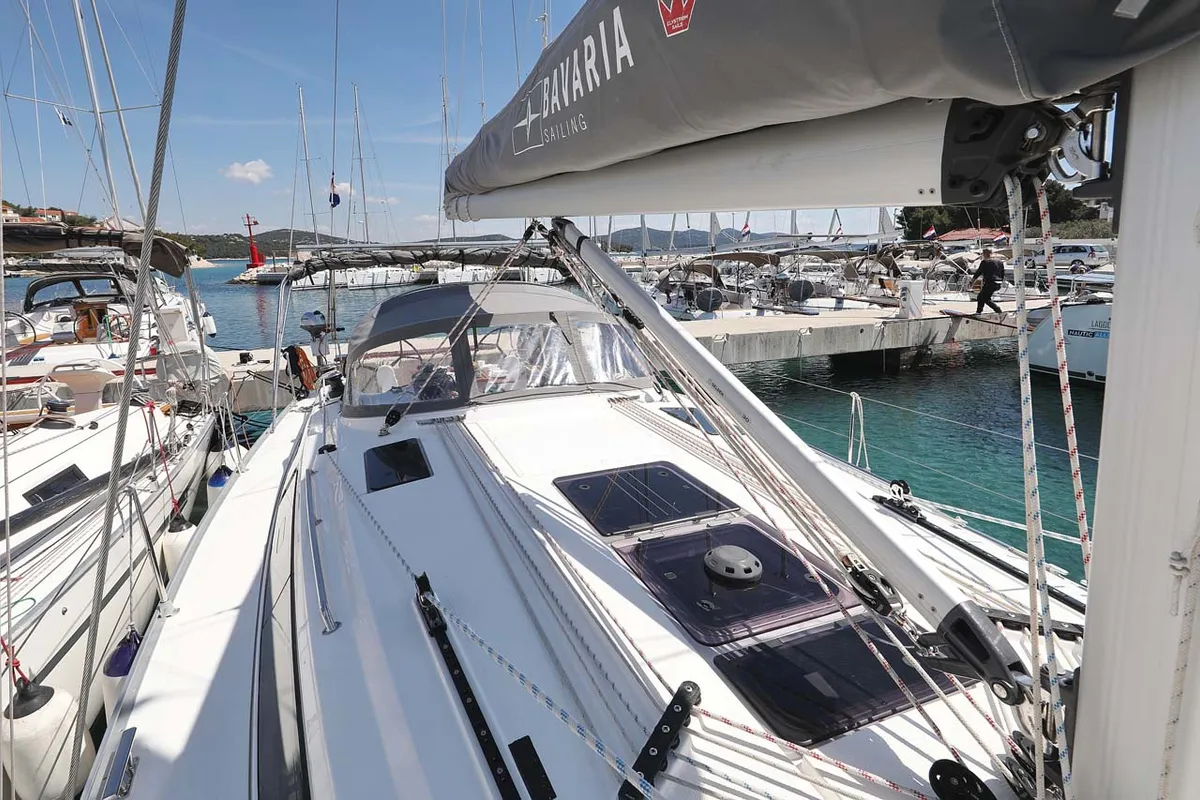 Deck of Madrugada, a Bavaria Cruiser 41 Style sailboat at Jezera, Croatia