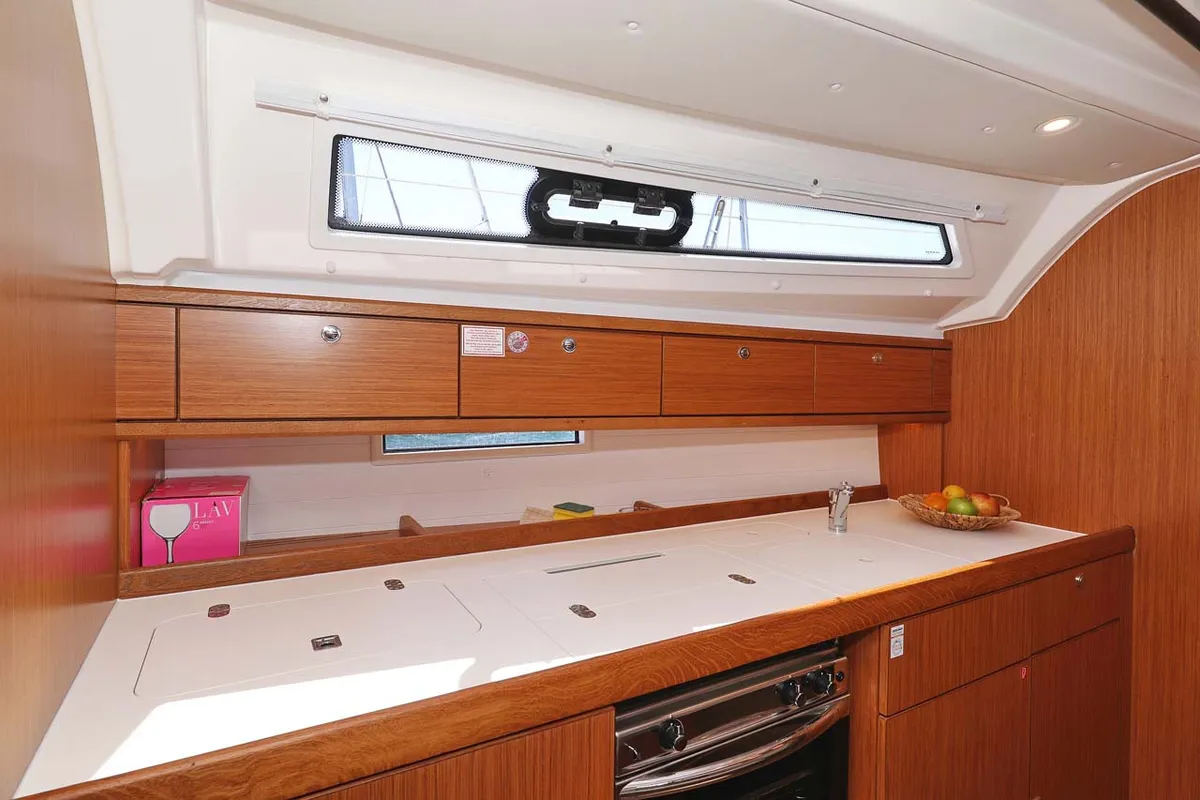 Galley of Madrugada, a Bavaria Cruiser 41 Style sailboat at Jezera, Croatia