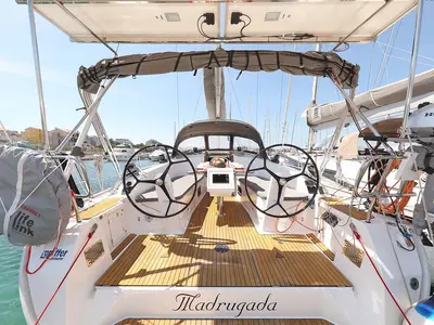 Cockpit of Madrugada, a Bavaria Cruiser 41 Style sailboat at Jezera, Croatia