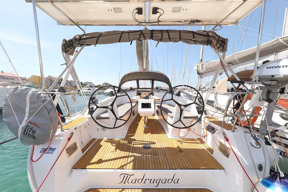 Cockpit of Madrugada, a Bavaria Cruiser 41 Style sailboat at Jezera, Croatia