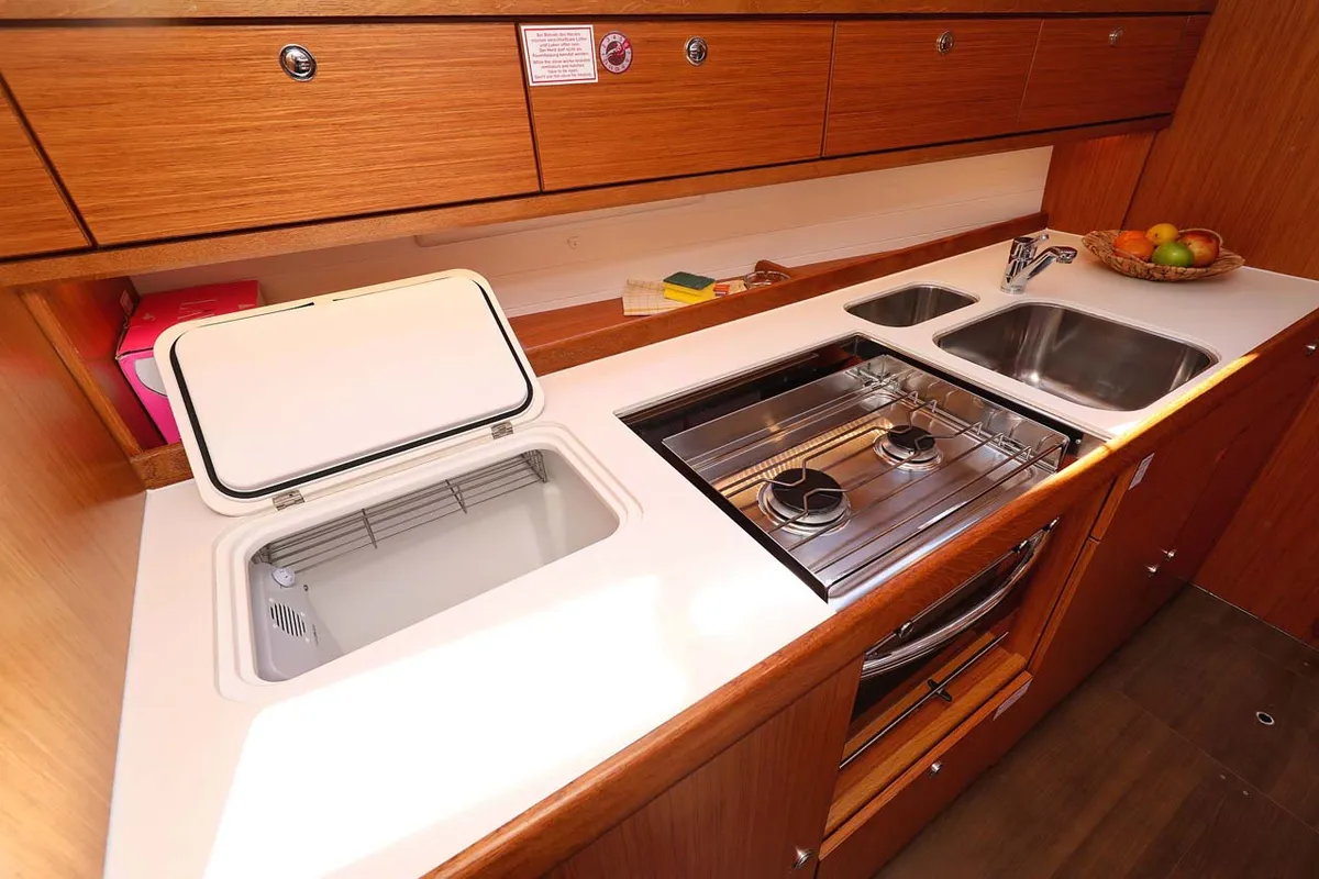 Galley of Madrugada, a Bavaria Cruiser 41 Style sailboat at Jezera, Croatia