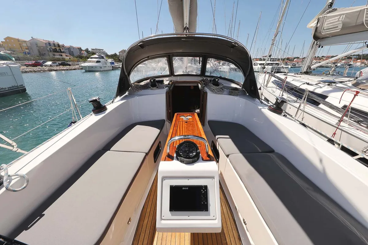 Cockpit of Madrugada, a Bavaria Cruiser 41 Style sailboat at Jezera, Croatia