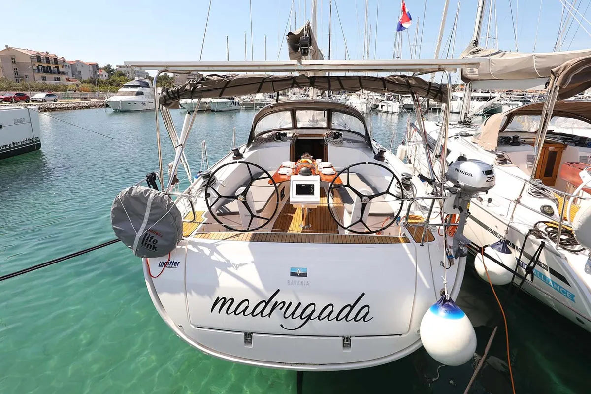 Exterior view of Madrugada, a Bavaria Cruiser 41 Style sailboat at Jezera, Croatia