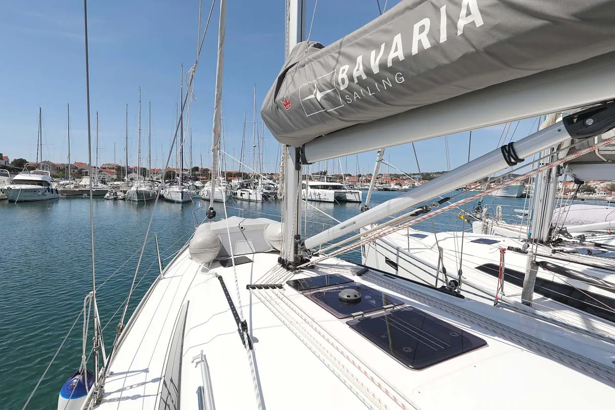 Deck of Madrugada, a Bavaria Cruiser 41 Style sailboat at Jezera, Croatia