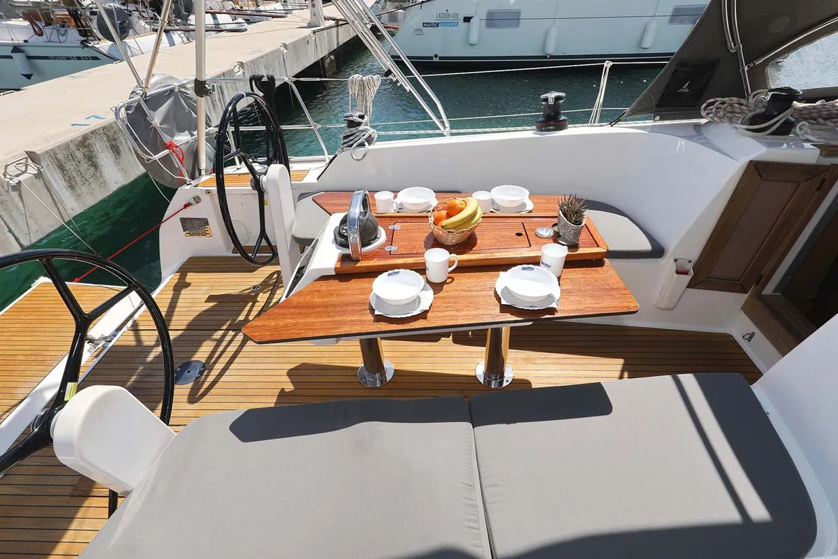 Cockpit of Madrugada, a Bavaria Cruiser 41 Style sailboat at Jezera, Croatia