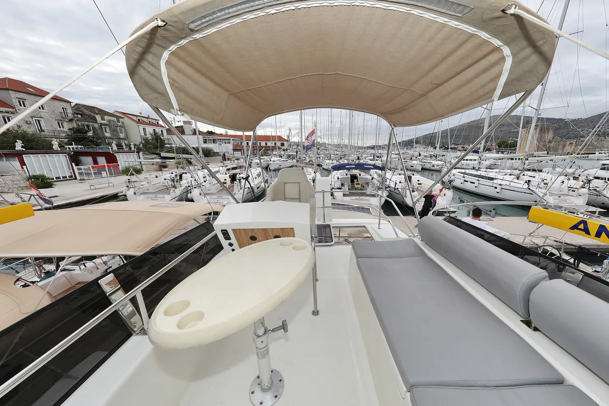 Deck of Running Gag I, a Cobra Yachts Futura 40 Grand Horizon motor yacht at Grad Biograd na Moru, Croatia