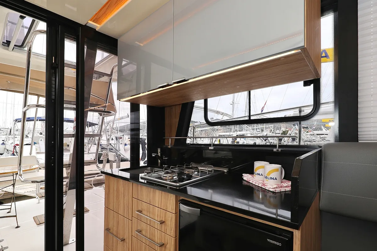 Galley of Running Gag I, a Cobra Yachts Futura 40 Grand Horizon motor yacht at Grad Biograd na Moru, Croatia